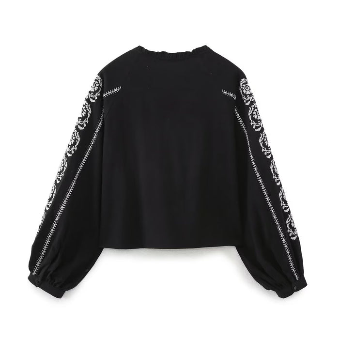 Summer Women Black Embroidered V neck Long Sleeve Shirt