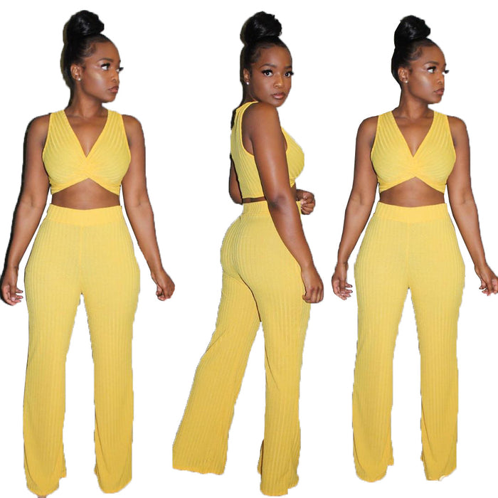 Summer Solid Color Super Soft Rib Fabric Sexy cropped Casual Set