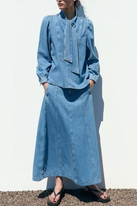 Spring Bowknot Decoration Denim Shirt Denim Cape Skirt Jeans Set