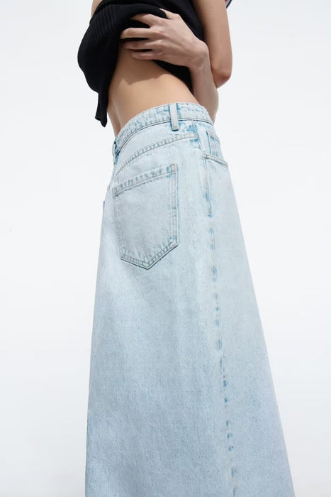 Summer Wind Women  Light Color Split Midi Skirt Denim Skirt