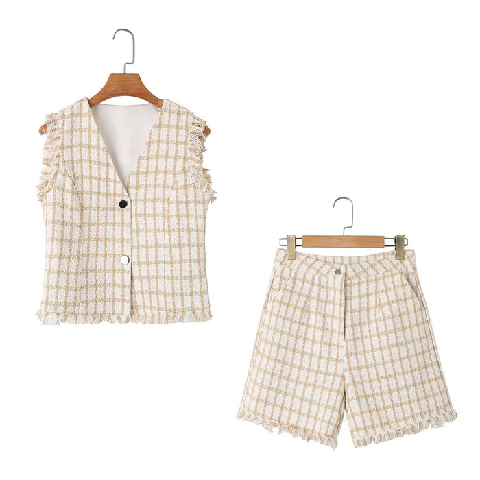 Spring Loose Plaid Straight Leg Pants Sweet Fresh Women Pants Contrast Color Tassel Shorts