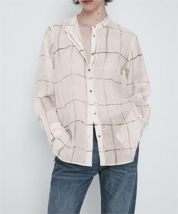 Summer Thin Casual Office Printed Checks Shirt Women Long Sleeve