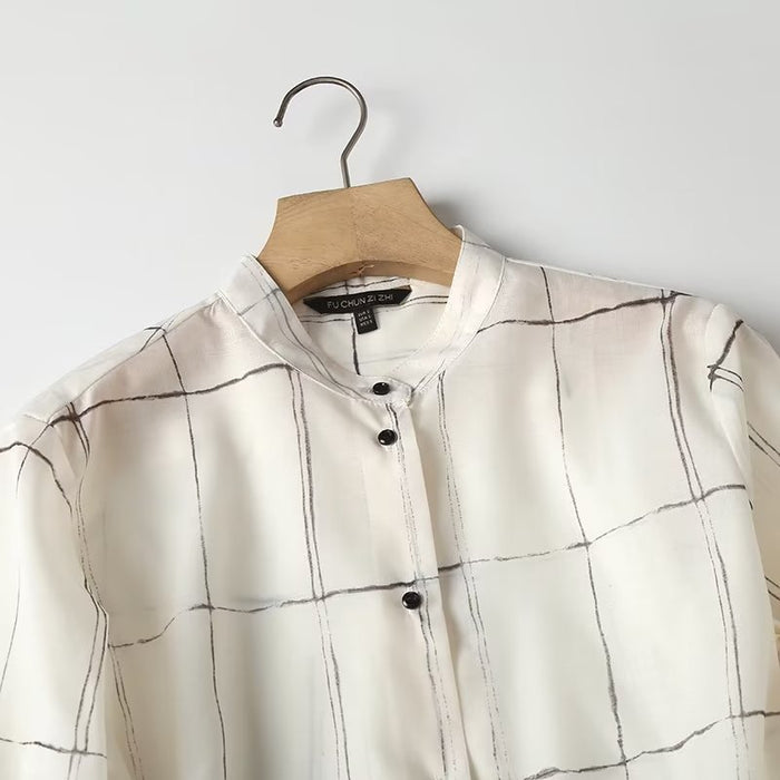 Summer Thin Casual Office Printed Checks Shirt Women Long Sleeve