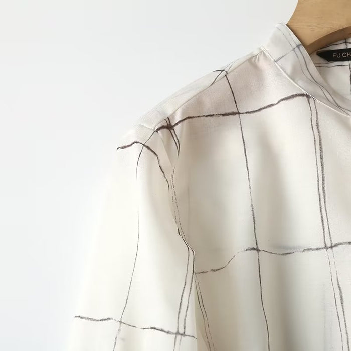 Summer Thin Casual Office Printed Checks Shirt Women Long Sleeve