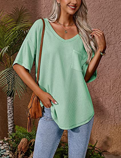 Summer Women Clothing V neck Pocket Waffle Casual Short-Sleeved T shirt