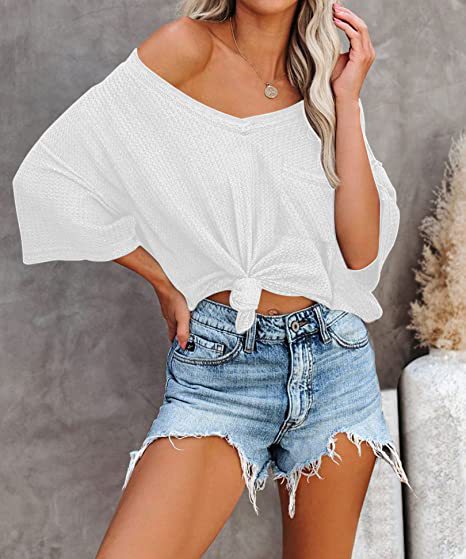 Summer Women Clothing V neck Pocket Waffle Casual Short-Sleeved T shirt