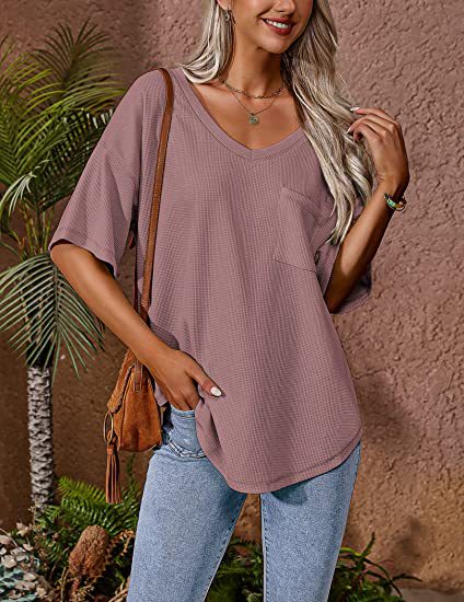 Summer Women Clothing V neck Pocket Waffle Casual Short-Sleeved T shirt