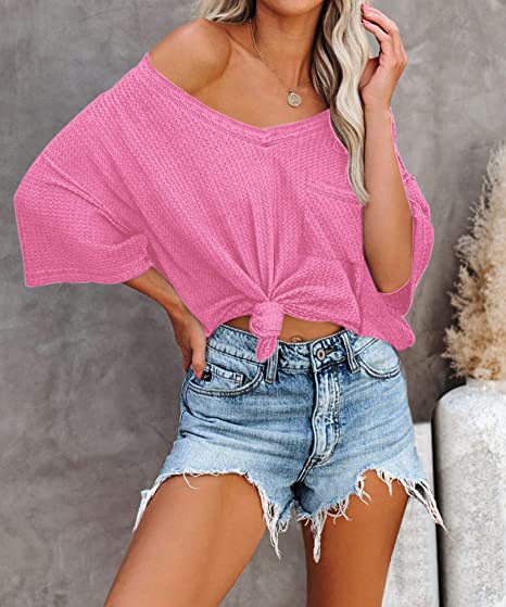 Summer Women Clothing V neck Pocket Waffle Casual Short-Sleeved T shirt