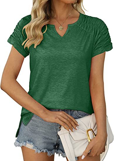 Summer Women Clothing V neck Cuff Pleating Hem Split Short Sleeved T shirt