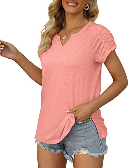 Summer Women Clothing V neck Cuff Pleating Hem Split Short Sleeved T shirt