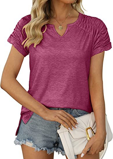 Summer Women Clothing V neck Cuff Pleating Hem Split Short Sleeved T shirt