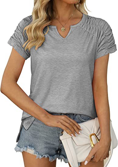 Summer Women Clothing V neck Cuff Pleating Hem Split Short Sleeved T shirt