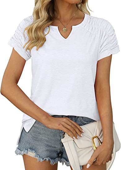 Summer Women Clothing V neck Cuff Pleating Hem Split Short Sleeved T shirt