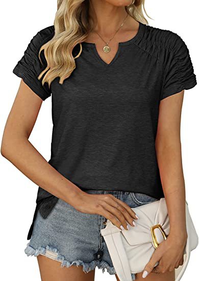 Summer Women Clothing V neck Cuff Pleating Hem Split Short Sleeved T shirt