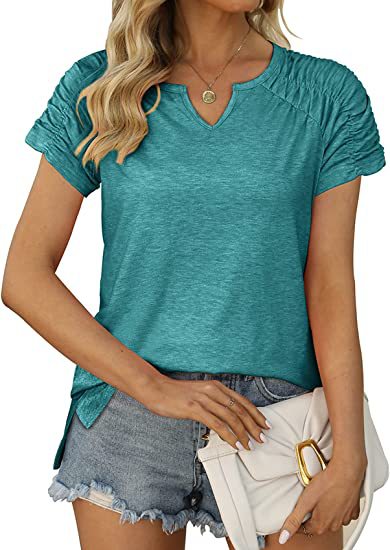 Summer Women Clothing V neck Cuff Pleating Hem Split Short Sleeved T shirt