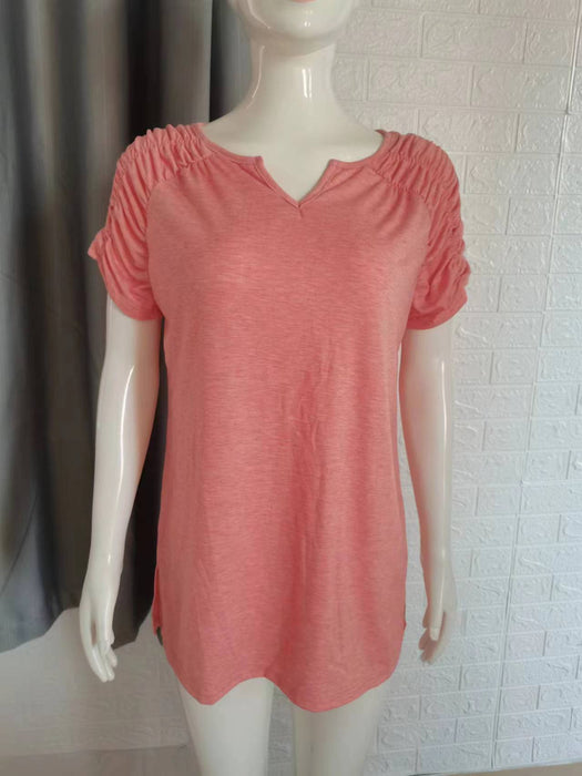 Summer Women Clothing V neck Cuff Pleating Hem Split Short Sleeved T shirt