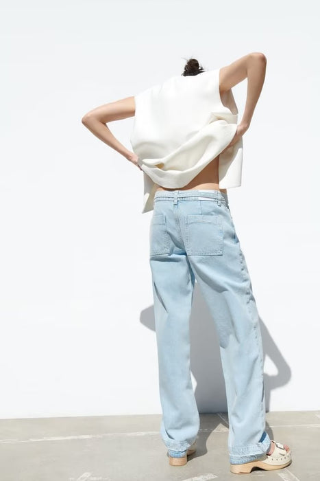 Light Blue Wide Leg Jeans for Women Spring Ripped Contrast Color Non Elastic High Waist Loose Slimming Narrow Pants