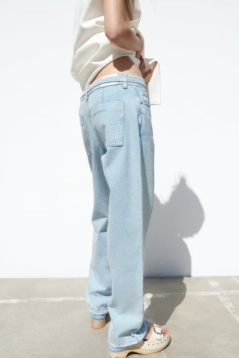 Light Blue Wide Leg Jeans for Women Spring Ripped Contrast Color Non Elastic High Waist Loose Slimming Narrow Pants