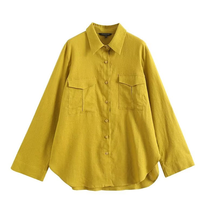 Spring Pocket Collared Long Sleeve Shirt Irregular Asymmetric Hem Office Women Basic Shirt