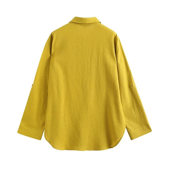 Spring Pocket Collared Long Sleeve Shirt Irregular Asymmetric Hem Office Women Basic Shirt