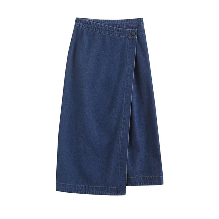 Fall Minimalist Preppy Slimming Clean Version Side Slit Mid Length Denim Skirt Women