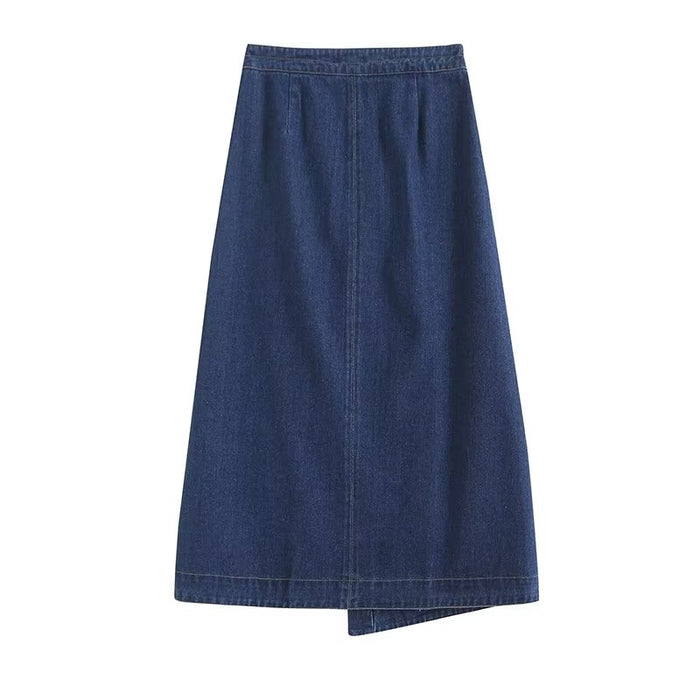 Fall Minimalist Preppy Slimming Clean Version Side Slit Mid Length Denim Skirt Women