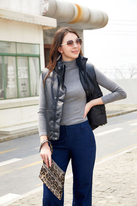 Autumn Winter Women Leather Waistcoat Sleeveless Quilted Zipped Cotton Padded Jacket Stand Collar