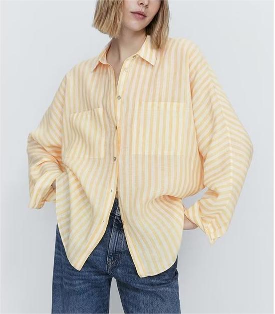 Breathable Vertical Stripes Loose Long Sleeve Shirt Spring Summer Women