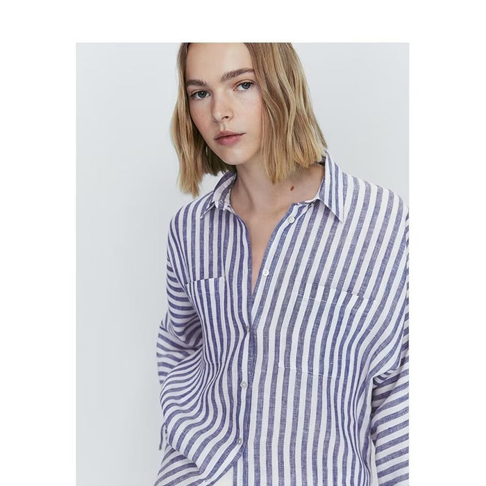 Breathable Vertical Stripes Loose Long Sleeve Shirt Spring Summer Women