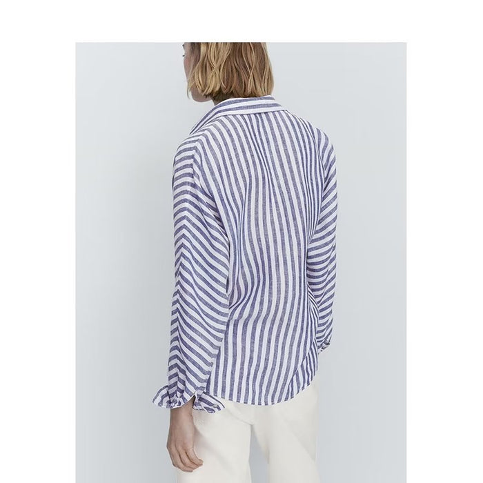 Breathable Vertical Stripes Loose Long Sleeve Shirt Spring Summer Women