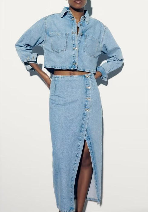 Summer Women  Short Denim Jacket Coat Mid Length Skirt Set