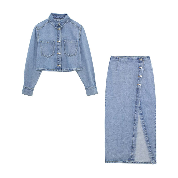 Summer Women  Short Denim Jacket Coat Mid Length Skirt Set