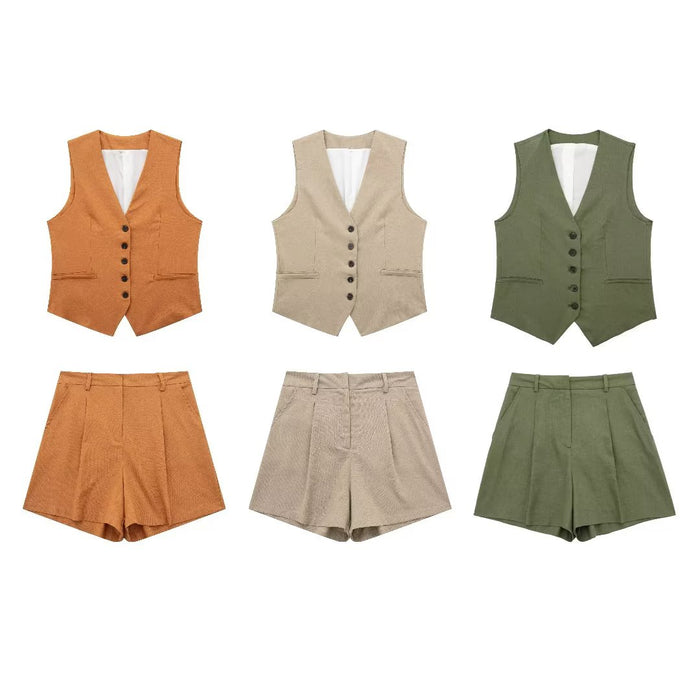 Summer V neck Solid Color Single Breasted Vest High Waist Wide Leg Pants Shorts Suit