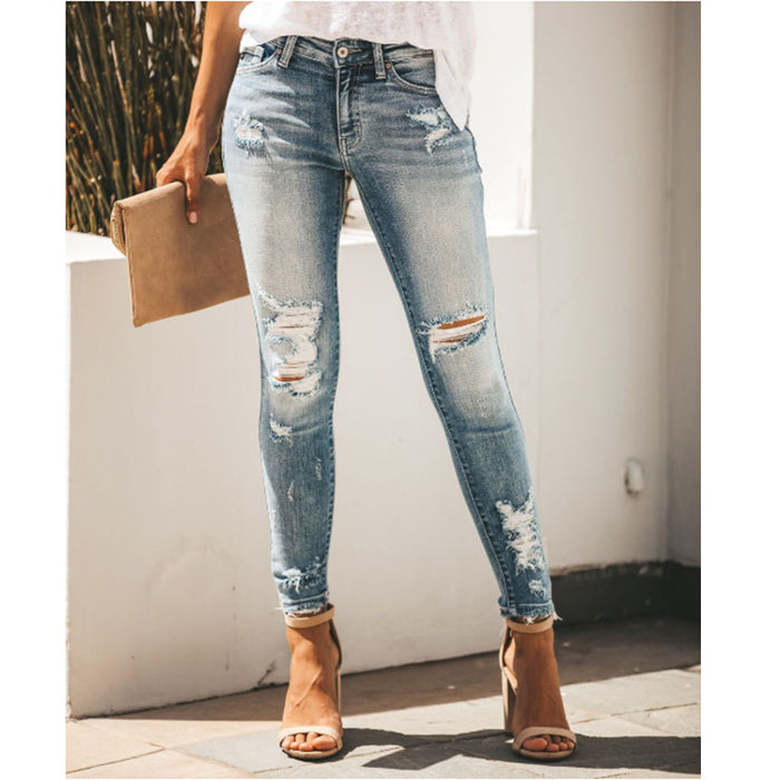 Women  Jeans Slim Fit Slimming Holes Sexy Mid Waist Denim Pants