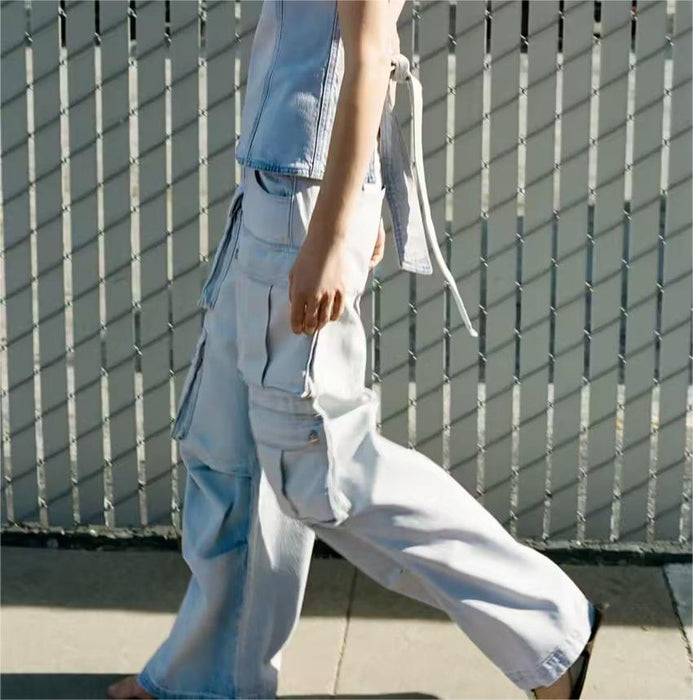 Wide Leg Pants Loose Multi Pocket Overalls Mid Waist Mop Jeans Women