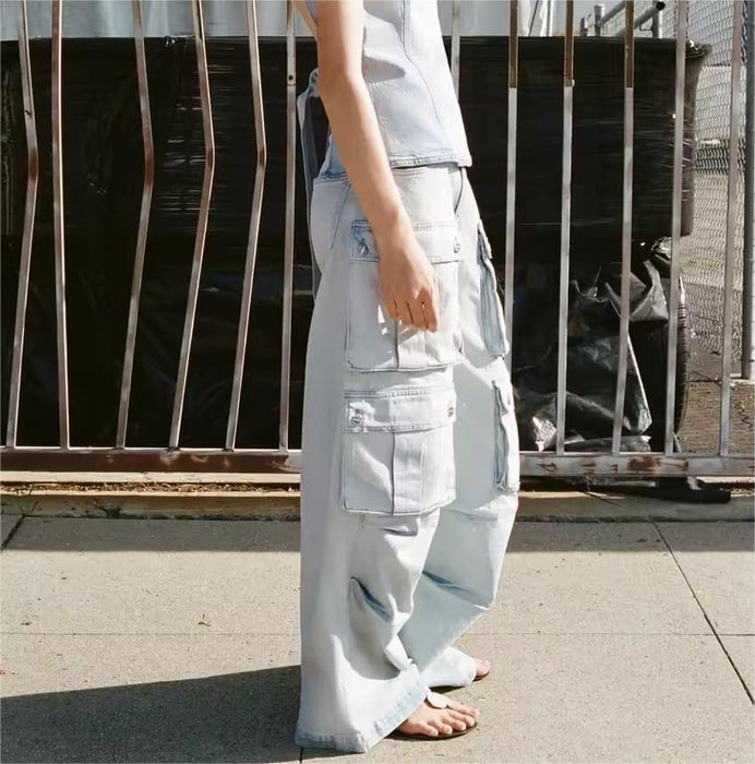 Wide Leg Pants Loose Multi Pocket Overalls Mid Waist Mop Jeans Women