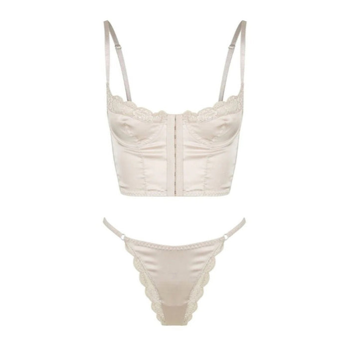 Bohemian Buckled Front Shaped Back Corset Satin Satin Lace Edge Sexy Vest Bra Set Women