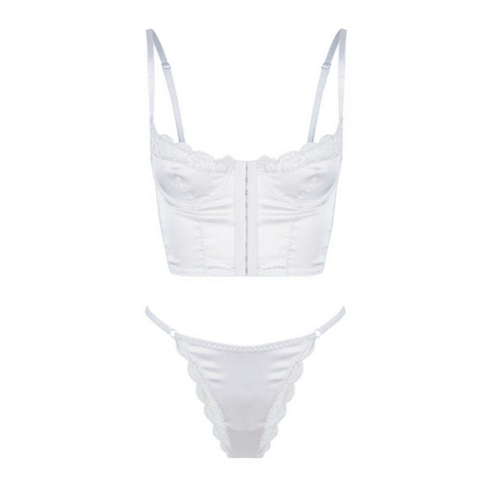 Bohemian Buckled Front Shaped Back Corset Satin Satin Lace Edge Sexy Vest Bra Set Women