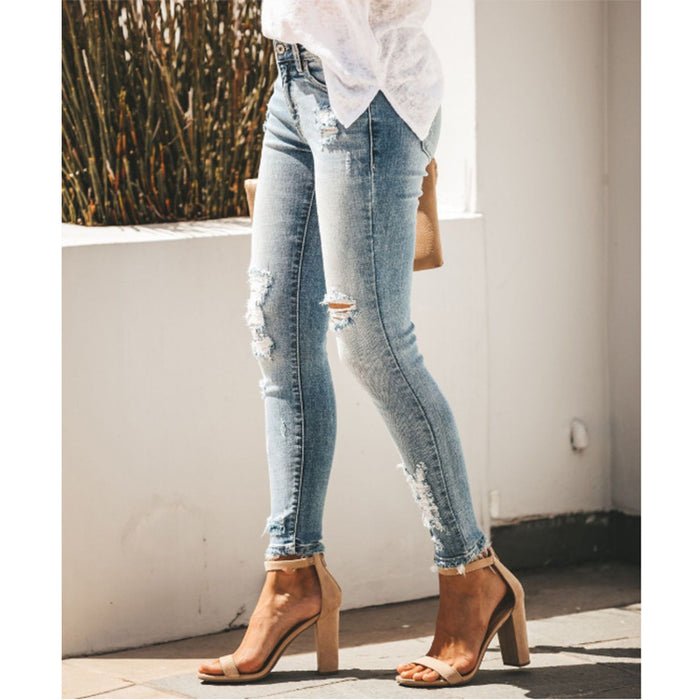 Women  Jeans Slim Fit Slimming Holes Sexy Mid Waist Denim Pants