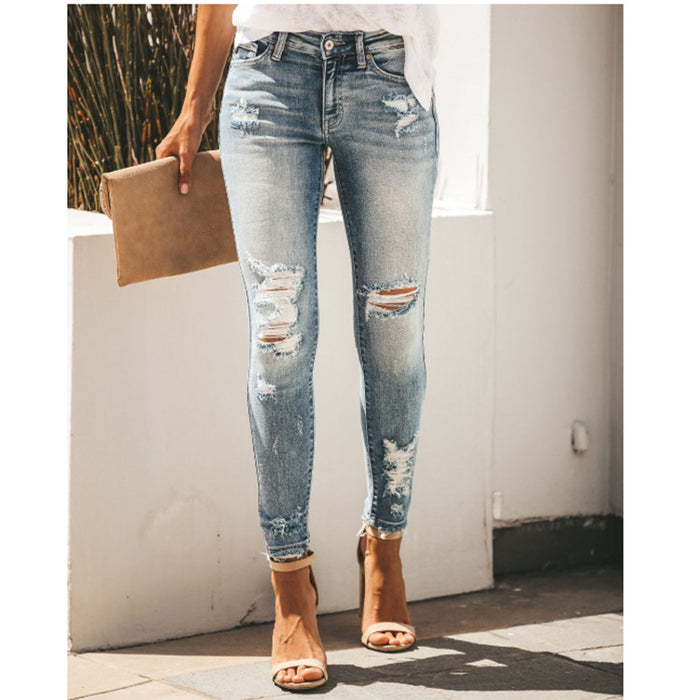 Women  Jeans Slim Fit Slimming Holes Sexy Mid Waist Denim Pants