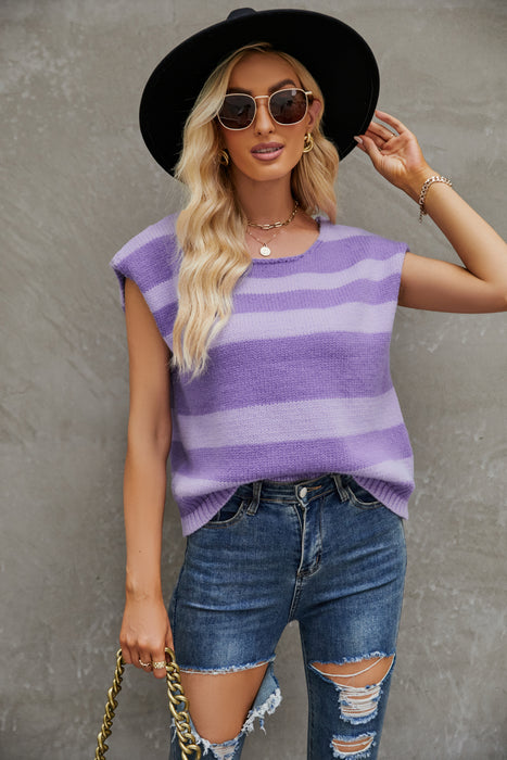 Autumn Winter Women Clothing Striped Color Matching Sweater Loose Fitting Sleeveless Shirt Sweater