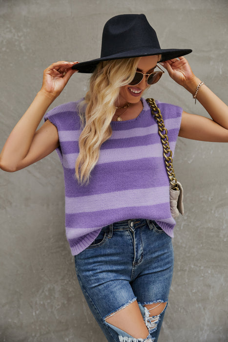 Autumn Winter Women Clothing Striped Color Matching Sweater Loose Fitting Sleeveless Shirt Sweater