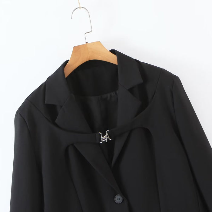 Autumn Women Clothing Collar Metal Lock Catch Straight Mid Length Small Blazer