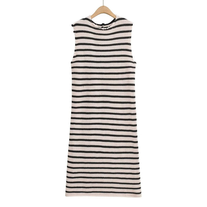 Fall Women Clothing Crew Neck Raw Edges Design Striped Vest Knitted Dress