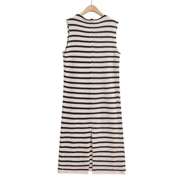 Fall Women Clothing Crew Neck Raw Edges Design Striped Vest Knitted Dress