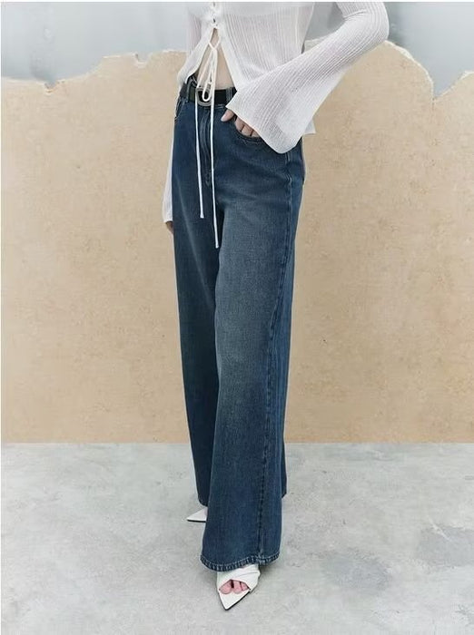 Wide Leg Straight Jeans Women Autumn Winter Loose High Waist All Matching Casual Pants Belt