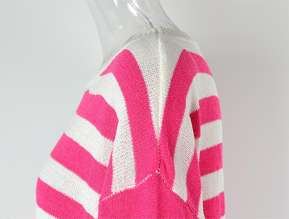 Autumn Women Loose Striped Sweater Long Sleeve Color Matching round Neck Sweater