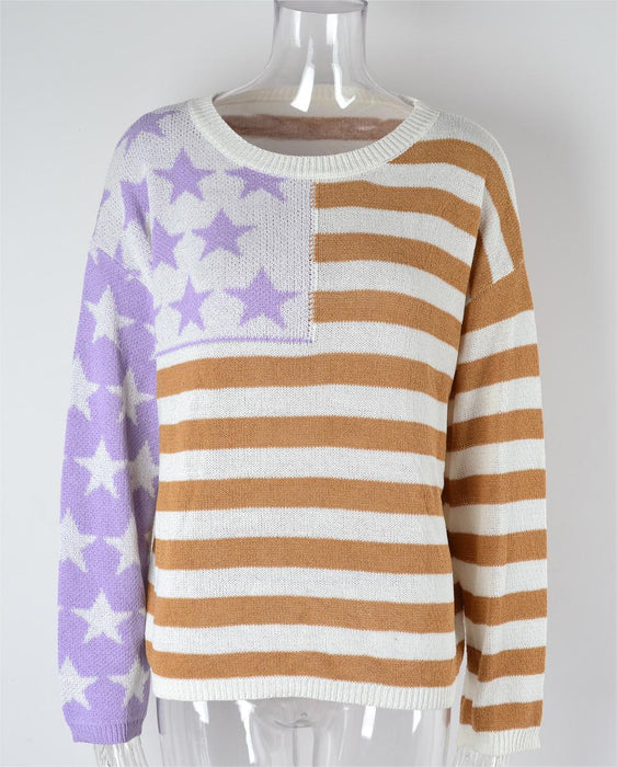 Autumn Women Loose Striped Sweater Long Sleeve Color Matching round Neck Sweater