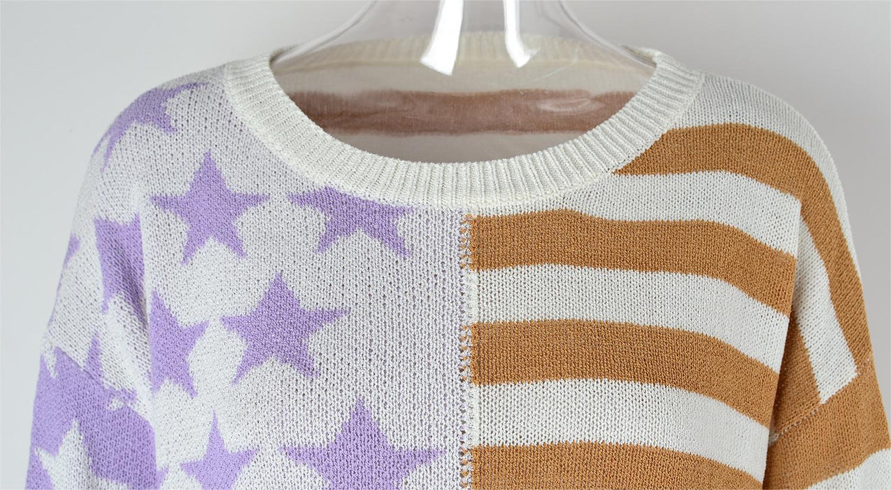 Autumn Women Loose Striped Sweater Long Sleeve Color Matching round Neck Sweater