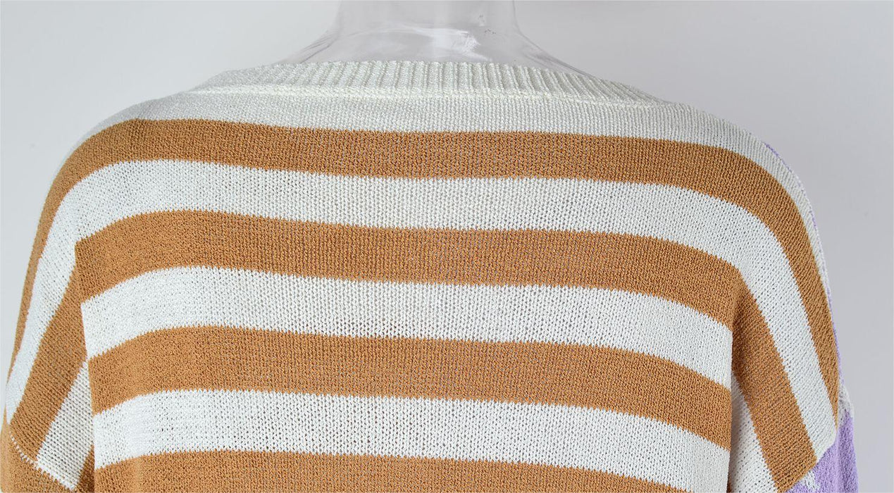 Autumn Women Loose Striped Sweater Long Sleeve Color Matching round Neck Sweater